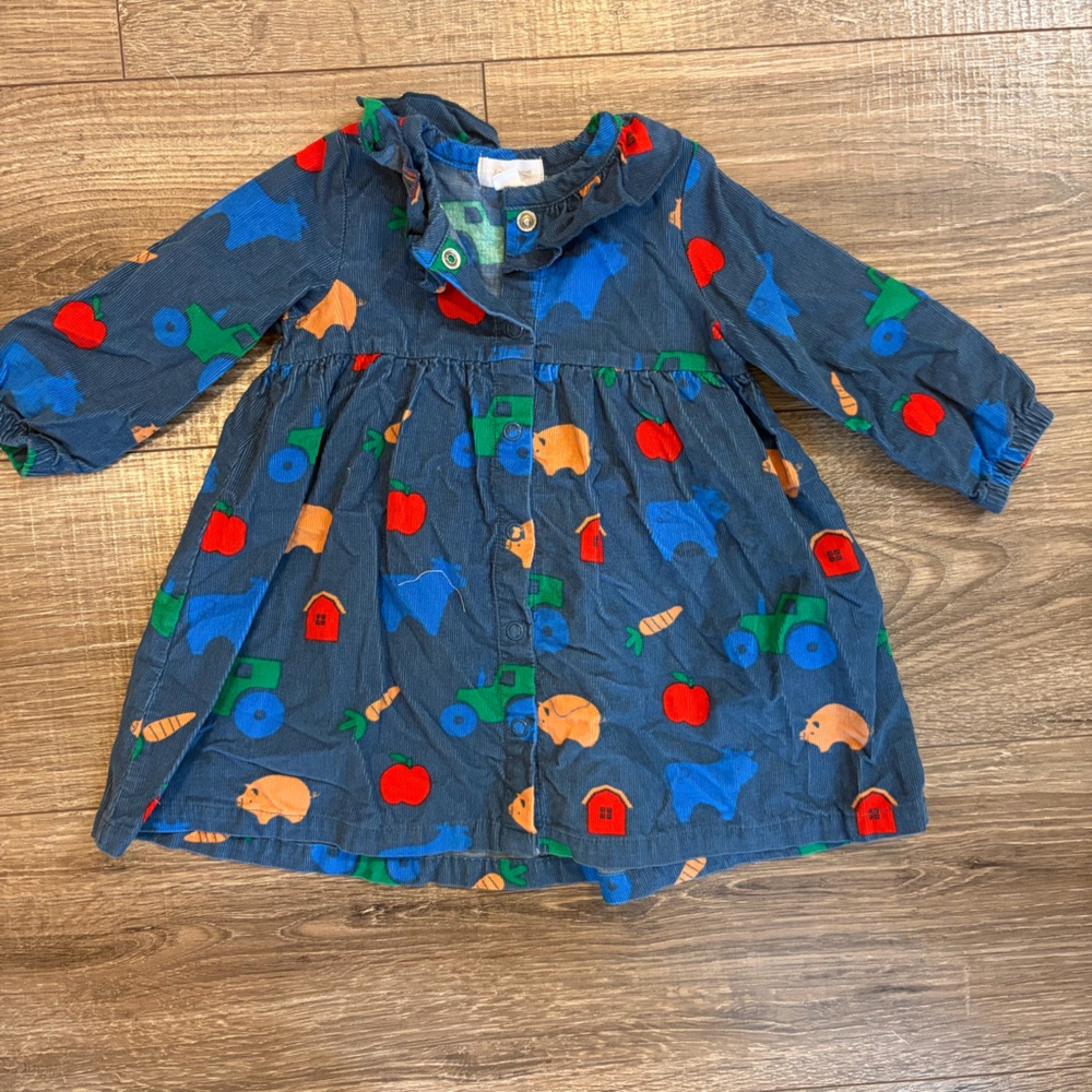 Angel Dear Navy Farm-Print Long Sleeve Dress